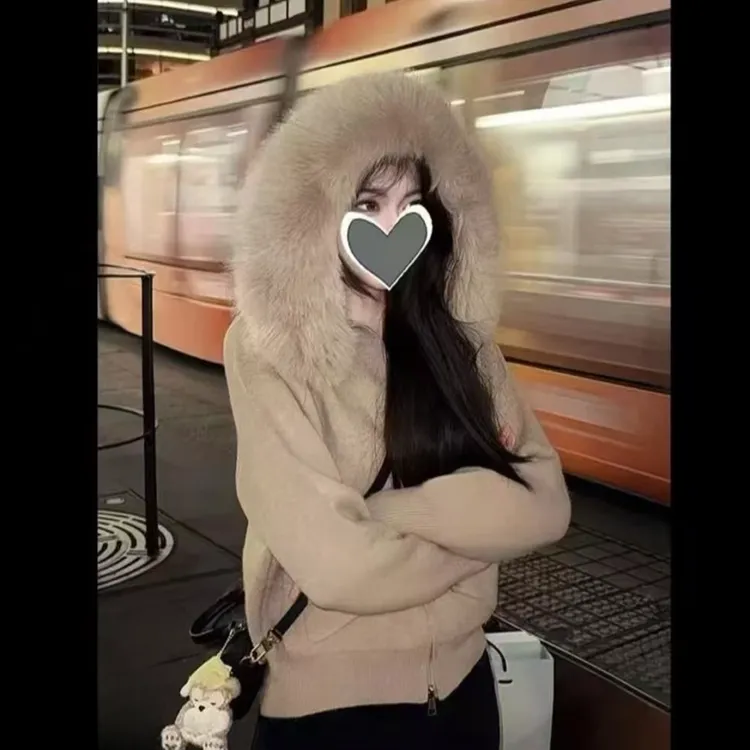 美拉德毛领连帽毛衣外套女2025秋冬新款慵懒时尚洋气针织开衫上衣