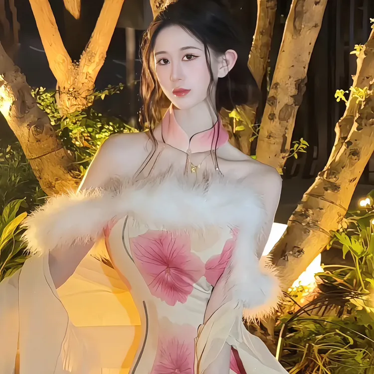 LHMknk1画报夫人原创自制秋冬厚款鸵鸟毛吊带连衣裙 粉色锦毛鼠