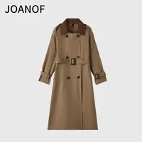 JOANOF翻领法式朋克风长款拼接通勤气质收腰风衣-X701-L