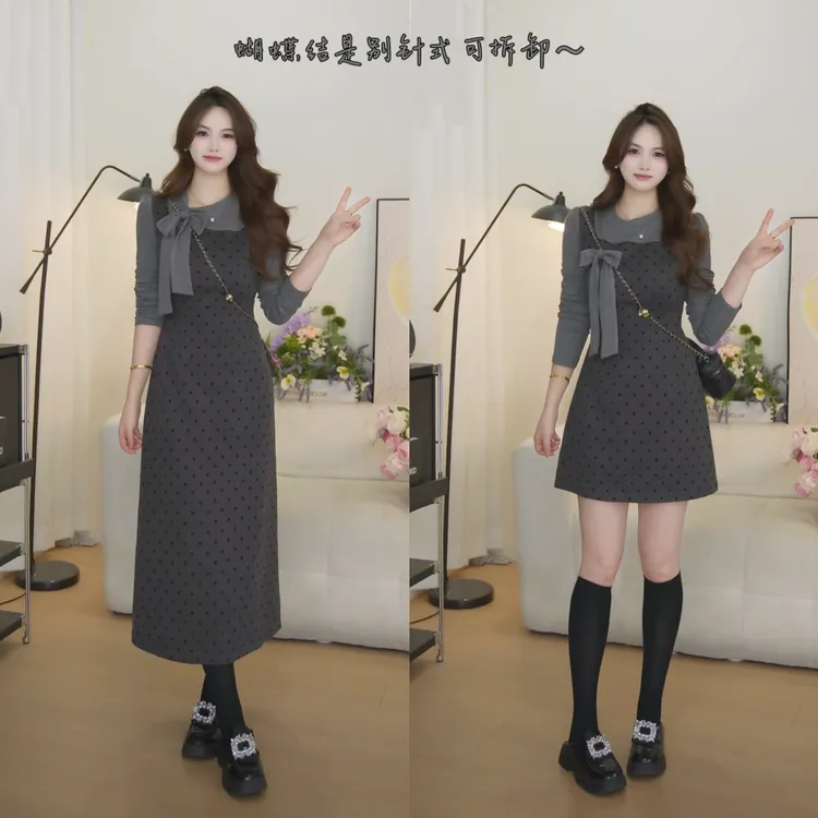 MuMu MIU系假两件灰色波点显瘦连衣裙微胖定制 WP10231