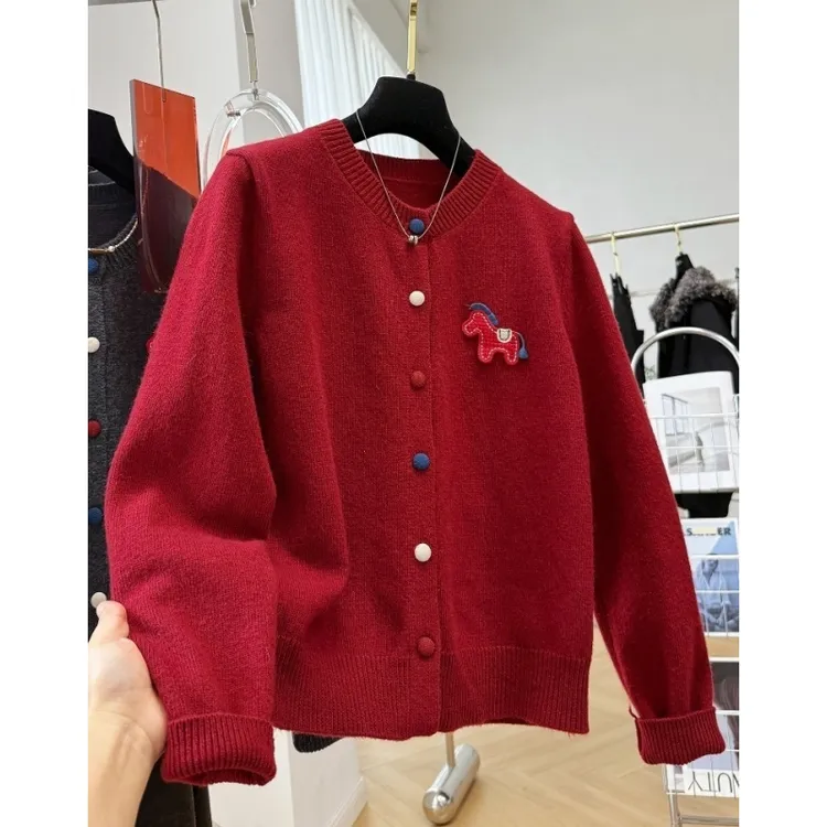 2025新款韩系穿搭高级感圆领针织开衫女秋冬叠穿可单穿毛衣上衣