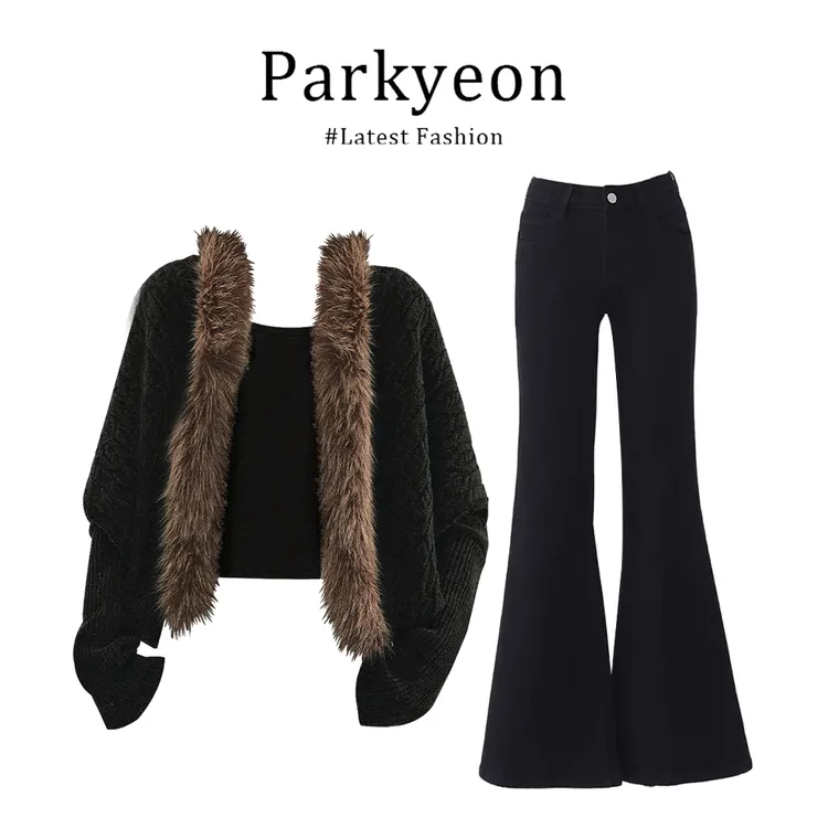 MARIE.COCO千金风蝙蝠袖毛领拼针织外套微喇裤巨好看的冬装套装