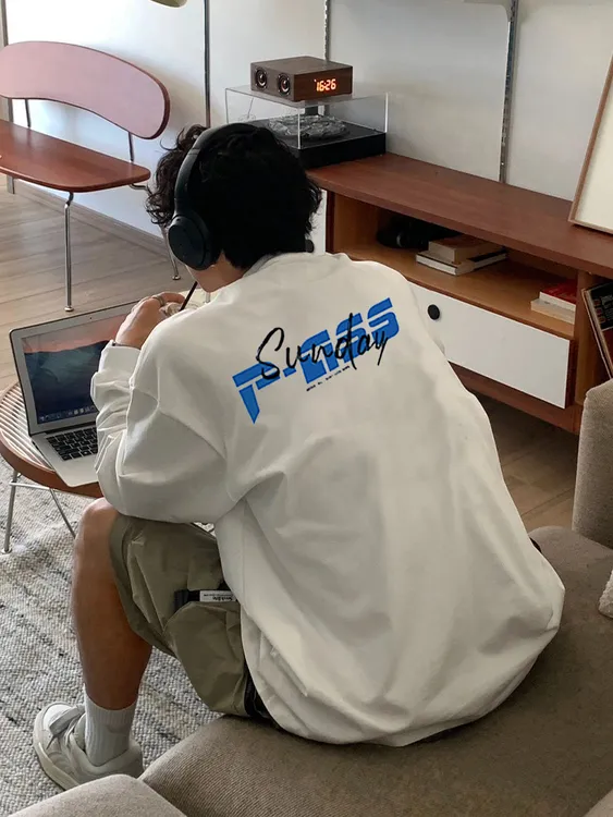 【重磅纯棉】春秋新款潮流美式休闲宽松印花半袖百搭打底男长袖T恤