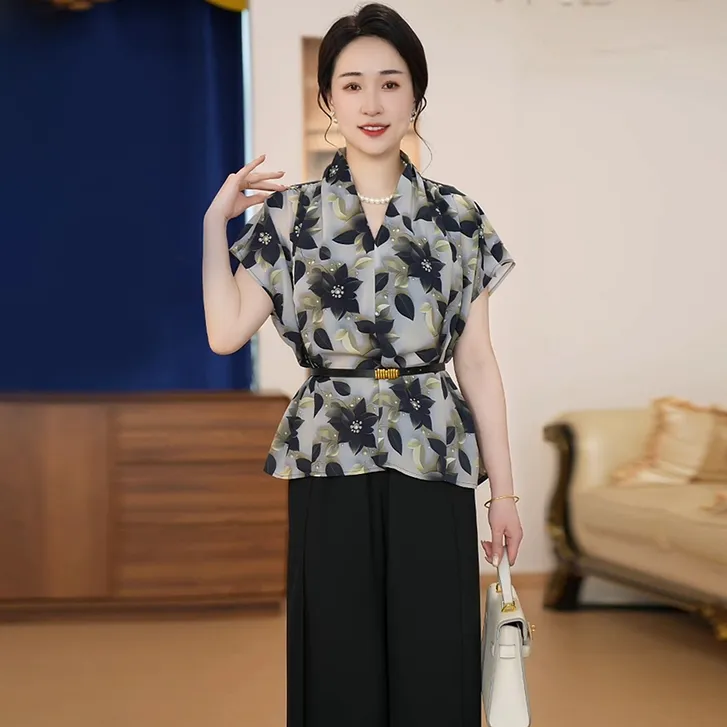 妈妈装夏装印花气质上衣休闲套装中老年女装时尚夏季高级感两件套