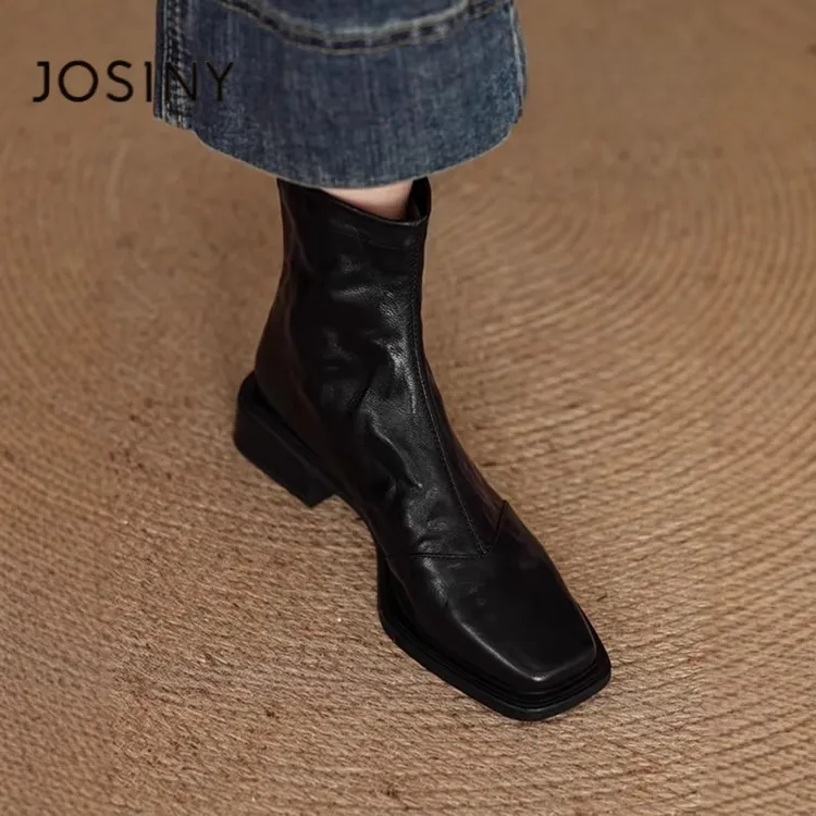 卓诗尼【断码清仓】显瘦短靴女瘦瘦靴2025秋冬季新款复古方头马丁靴