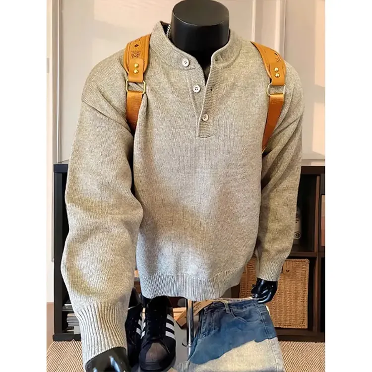 花灰色亨利领毛衣男秋冬新美式复古慵懒高级感cleanfit打底针织衫