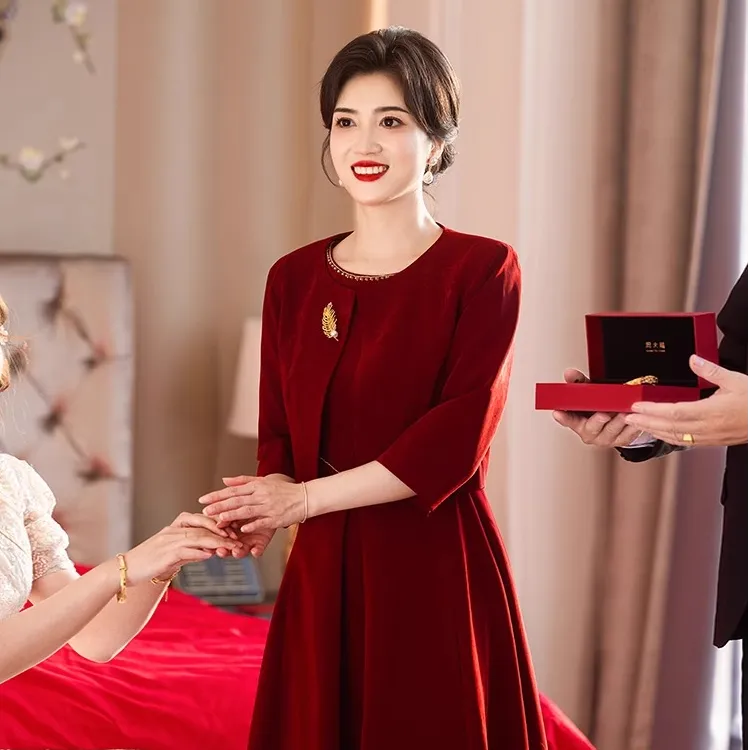 高端喜婆婆婚宴装两件套装洋气气质妈妈结婚礼服秋冬小个子连衣裙