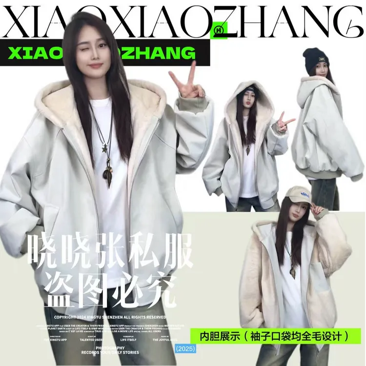 【晓晓张专属】美式重磅荔枝纹PU皮加绒加厚皮棉服冬款毛领情侣外套