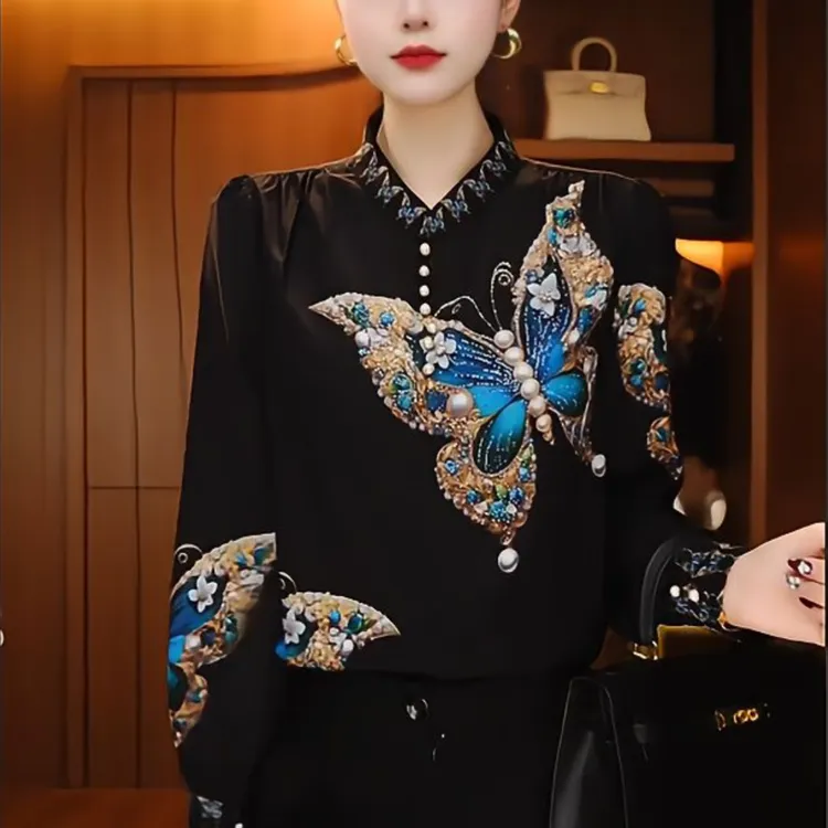 【贵妇装】原创【蓝蝶金裳】上衣长袖遮肉百搭圆领气质印花优雅感小衫