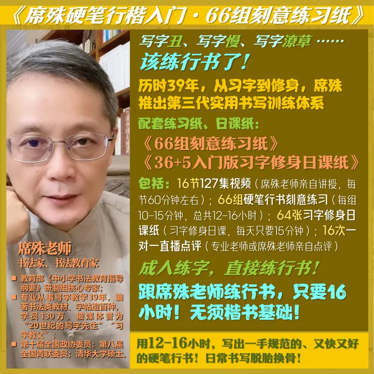 成人练字：席殊硬笔行书入门66组练习127集视频16次直播点评零基础