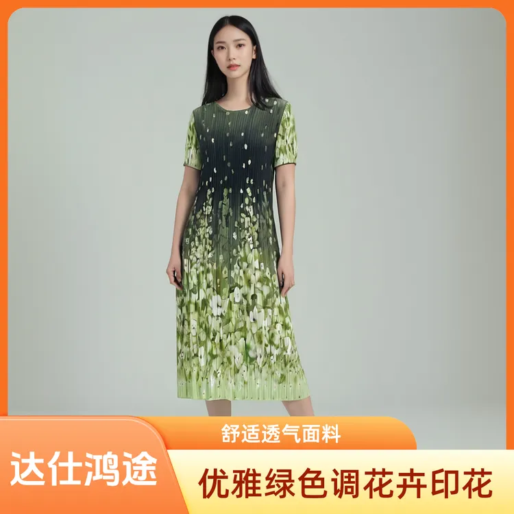 04云锦丝质褶皱连衣裙宽松女装气质夏季圆领妈妈装显瘦大码休闲