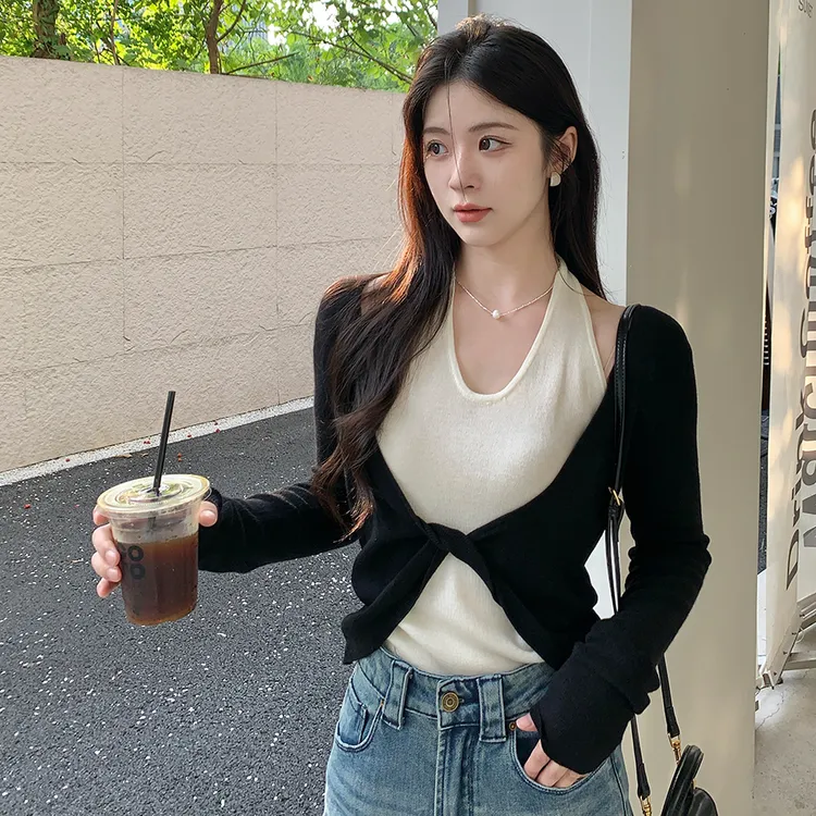 2025年春秋季新款洋气高级感假两件长袖针织衫女装设计感小众上衣
