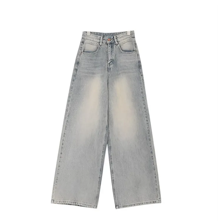 复古浅蓝色秋冬大码新款复古牛仔裤女美式宽松设计显瘦拖地阔腿裤