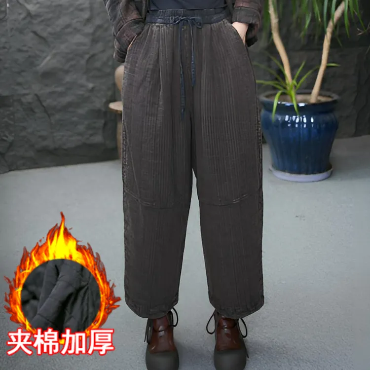 JJ【坑条亚麻棉裤】极简风松紧腰中腰保暖休闲裤休闲复古冬季秋冬