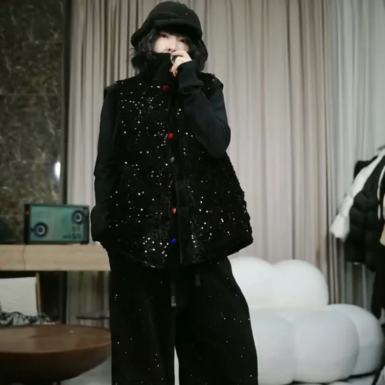 infobyfive冬季彩色扣子潮流款丝绒亮片闪闪钻钻棉马夹2DL2808