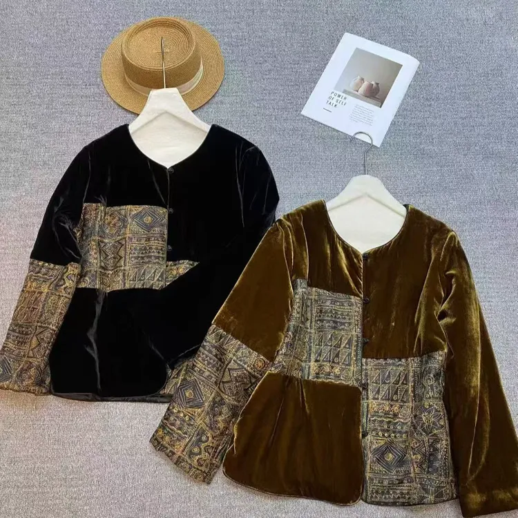 谢美丽-精选丝绒拼接复古圆领长袖外套