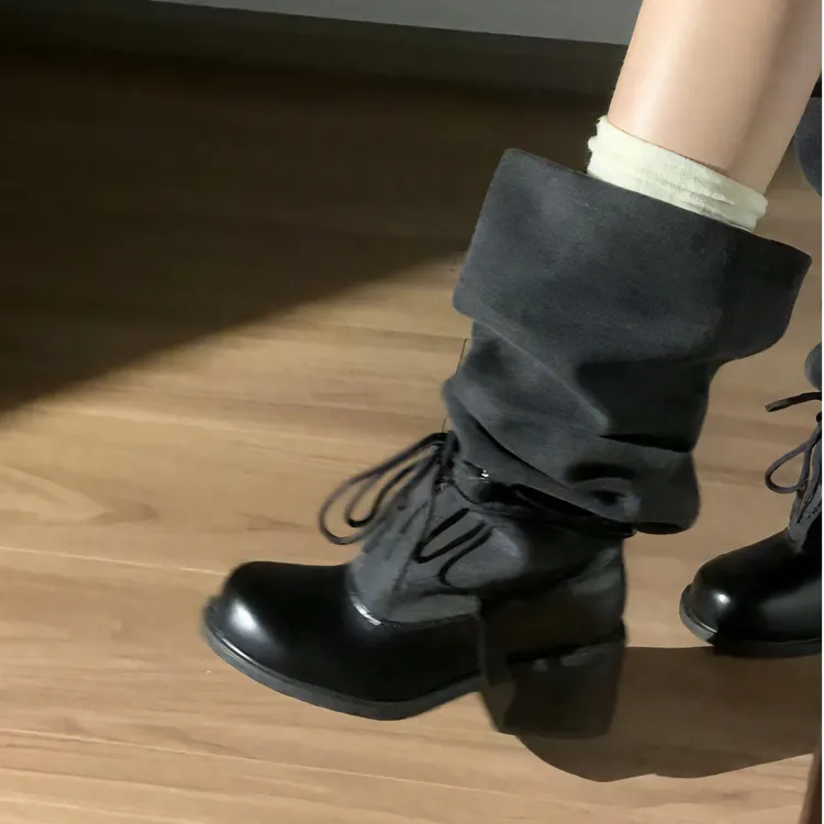 小众复古粗跟系带堆堆靴女2025秋季新款百搭配裙子显瘦增高长筒靴