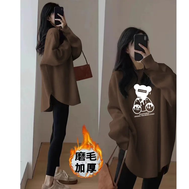 春秋新款加厚磨毛T恤女不规则中长款宽松宽松打底衫女内搭遮肚子