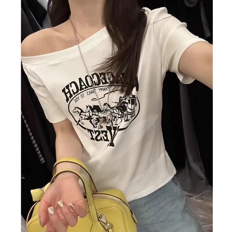 2025夏季新款斜肩短袖修身T恤女装显瘦打底衫短款百搭ins短袖上衣