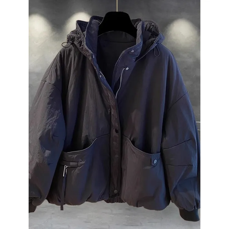 冬季加厚300斤特大码ins纯色拉炼连帽棉服男女情侣设计感保暖外套