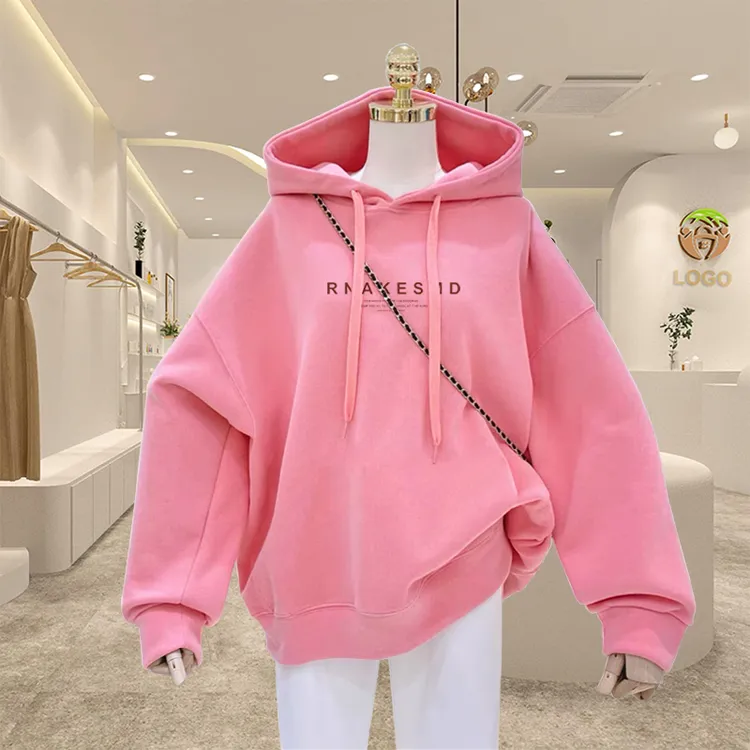 粉色连帽卫衣女2026秋冬新款字母印花慵懒风宽松上衣外套加绒加厚