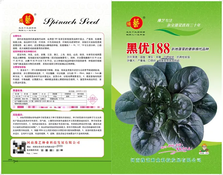 豫艺黑优188趴地菠菜种子 大圆叶色泽黑产量高抗病性好 250克/袋