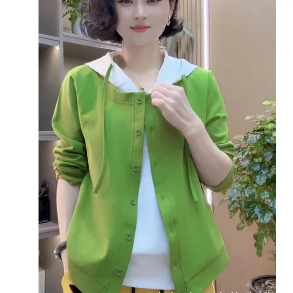 2025修身显瘦假两件帽子打底上衣1527