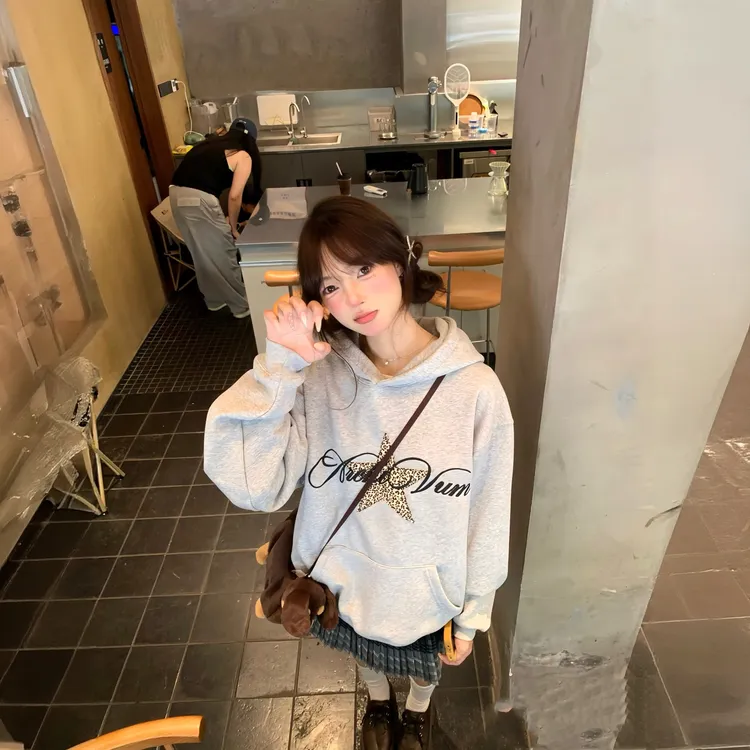 美式复古豹纹星星字母印花图案套头连帽宽松卫衣外套