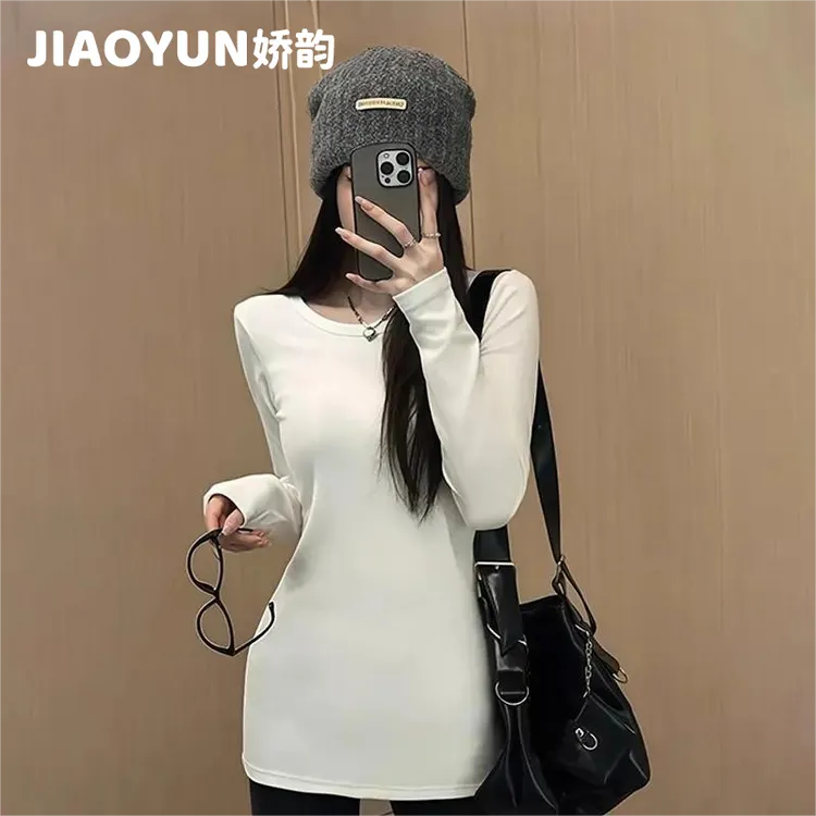 娇韵正肩长袖打底T恤女秋冬显瘦圆领内搭修身收腰长款上衣加厚