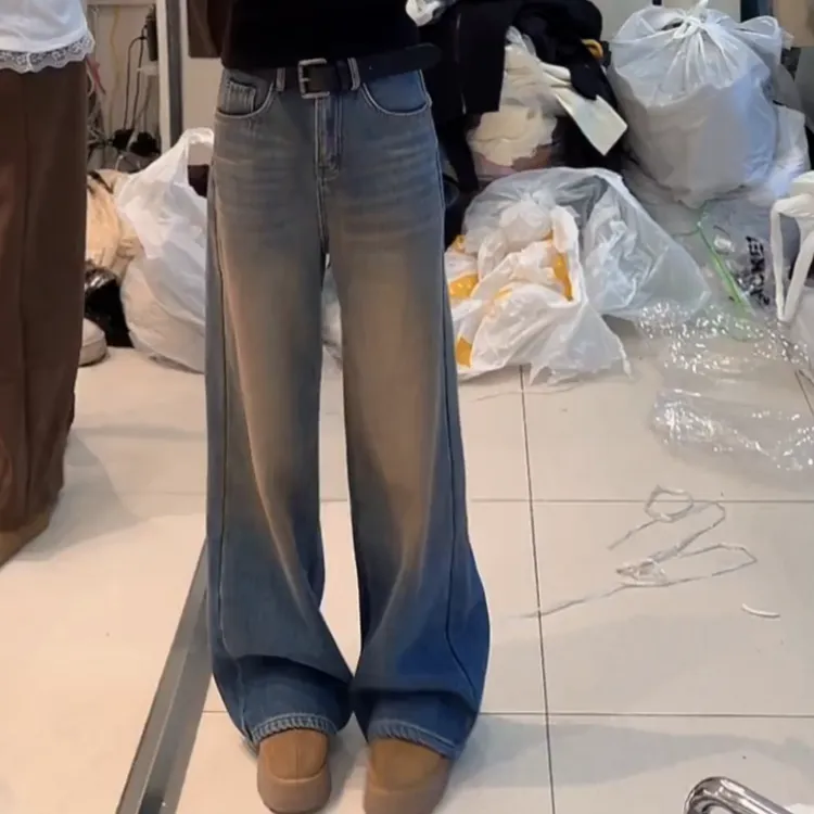 冬季新款高腰长裤牛仔裤加绒复古直筒裤裤子LK2508553