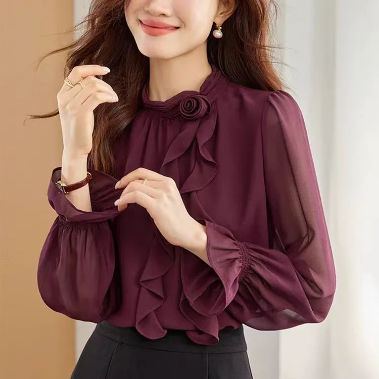 时尚春季长袖上衣百搭宽松型立领成人衬衫荷叶边小众系带显瘦衬衣