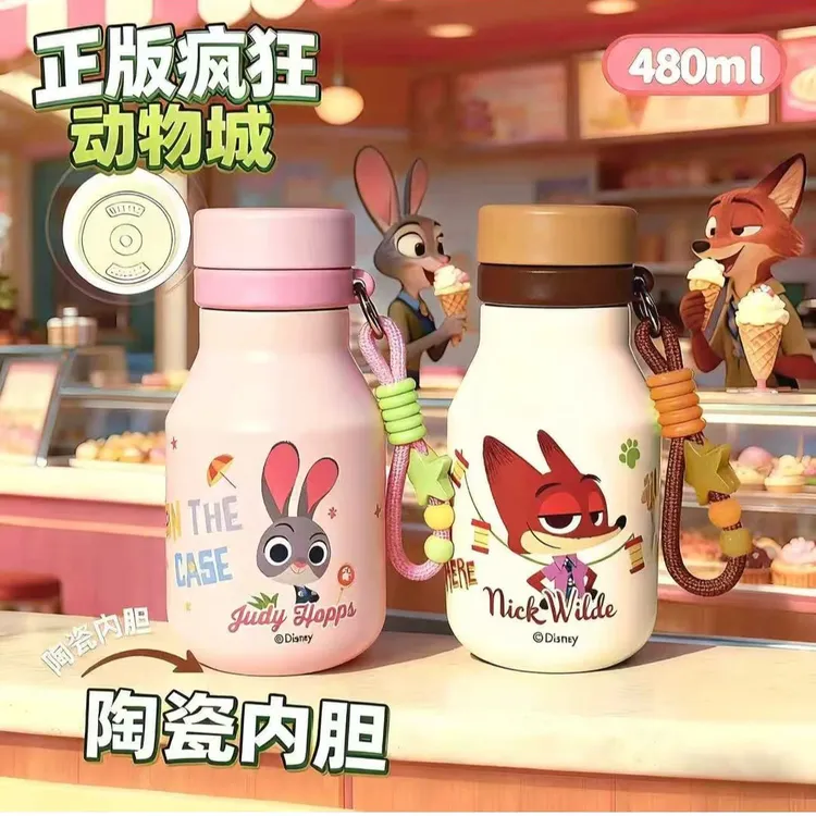 疯狂动物城保温杯朱迪尼克学生便携手提吸管水杯陶瓷覆层双饮杯子