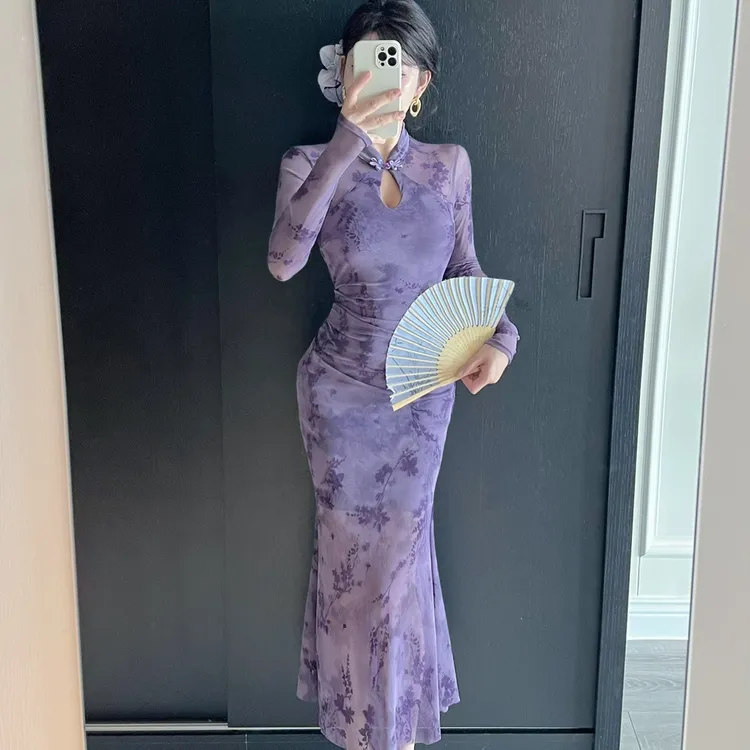 性感植绒网纱改良旗袍连衣裙女新中式高腰气质风收腰显瘦包臀长裙