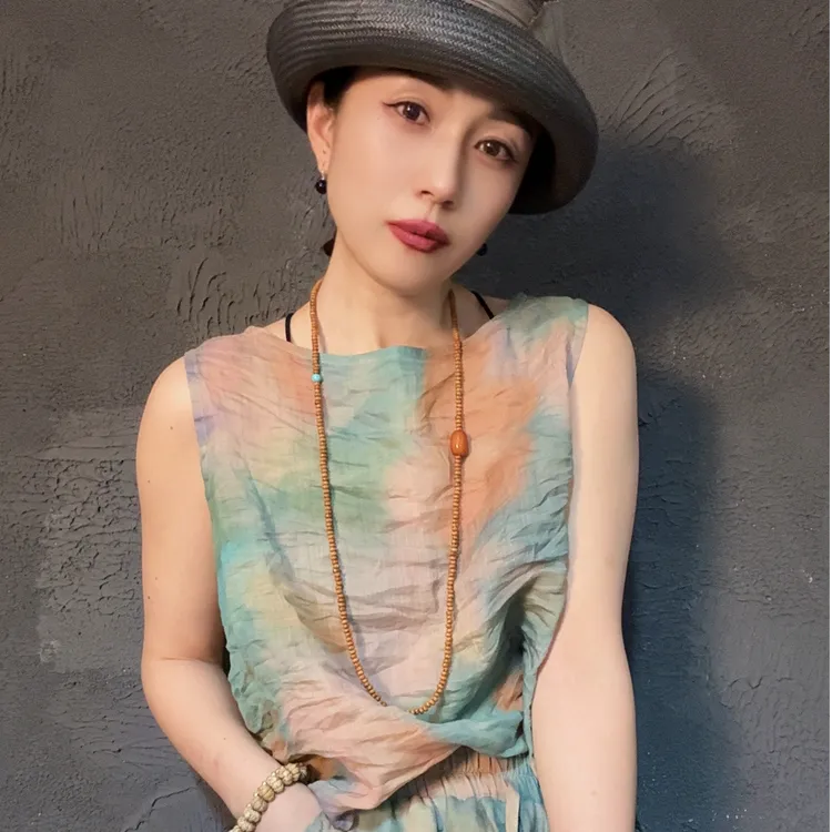 原创新款天蓝色定位大花苎麻扎染套装（定制款）