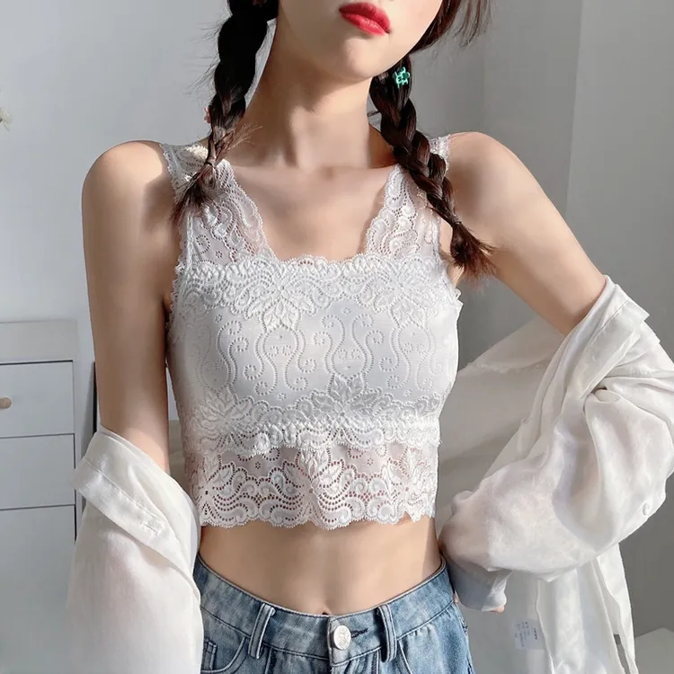 蕾丝美背吊带背心白色短款裹胸抹胸防走光内搭内衣女打底夏季薄款