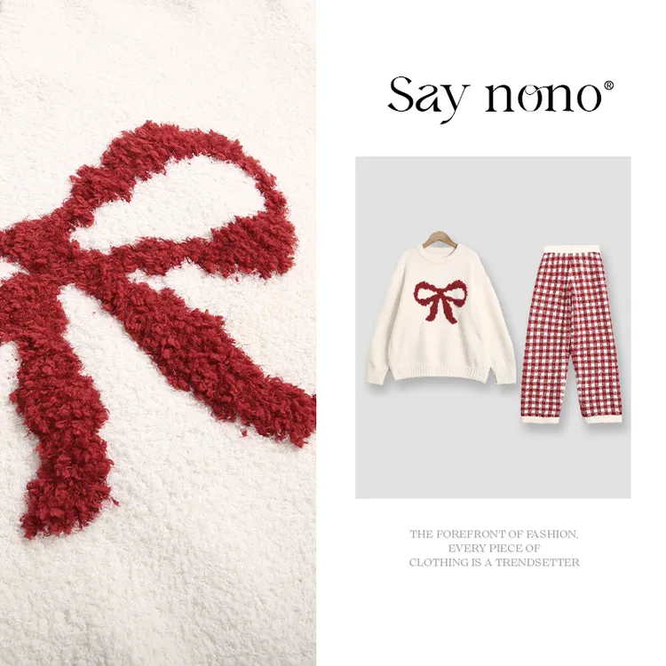 Say nono【懒猫nono】蝴蝶结半边绒家居服慵懒风秋冬女士套装