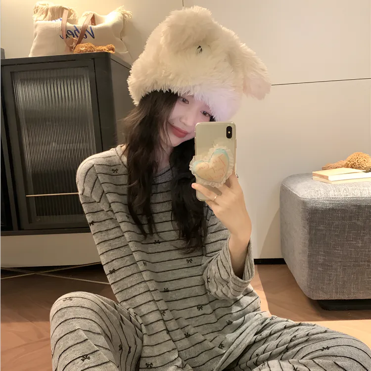 韩版简约黑色条纹蝴蝶结磨毛针织纯棉睡衣女秋冬季休闲家居服套装