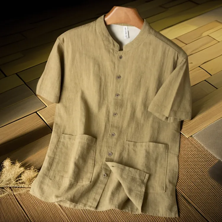 【苎麻】复古中式立领苎麻短袖宽松透气棉麻休闲中国风夏季薄款衬衣