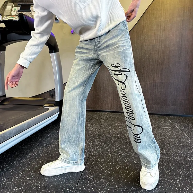 小众印花牛仔裤男款秋冬cleanfit美式直筒阔腿裤子潮牌痞帅休闲裤
