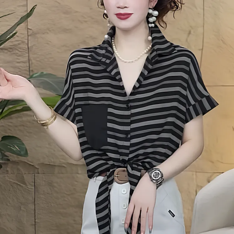 【歌莱图】夏季薄款短袖休闲风夏季收腰衬衫显瘦条纹时尚极简风2576