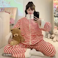 【红色条纹】韩版睡衣女秋冬季新款休闲加绒珊瑚绒家居服套装77799