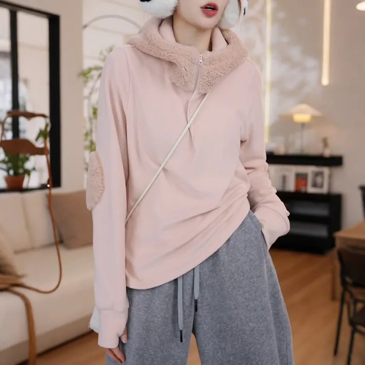 羊羔毛拼接半拉链连帽卫衣女秋冬设计感双面德绒宽松显瘦保暖上衣