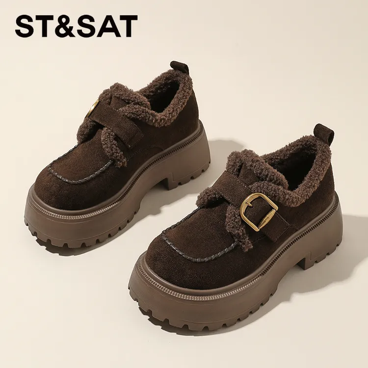 星期六厚底增高勃肯鞋女鞋2025冬季加绒复古乐福鞋皮带扣豆豆棉鞋