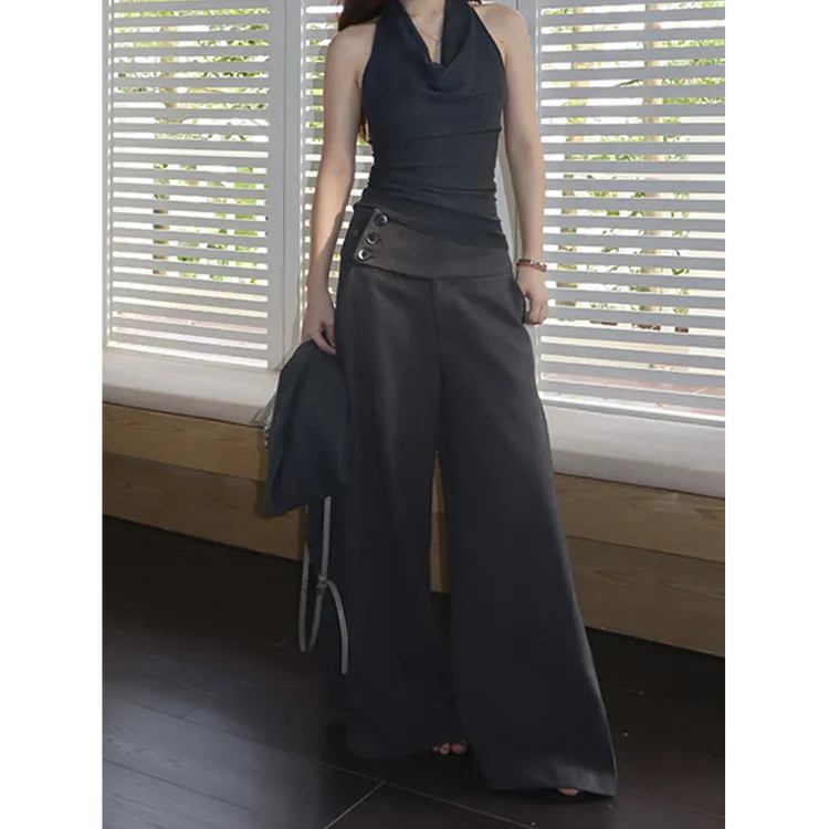 高级感深灰褶皱微弹毛呢休闲裤女秋季新款气质辣妹低腰显瘦阔腿裤