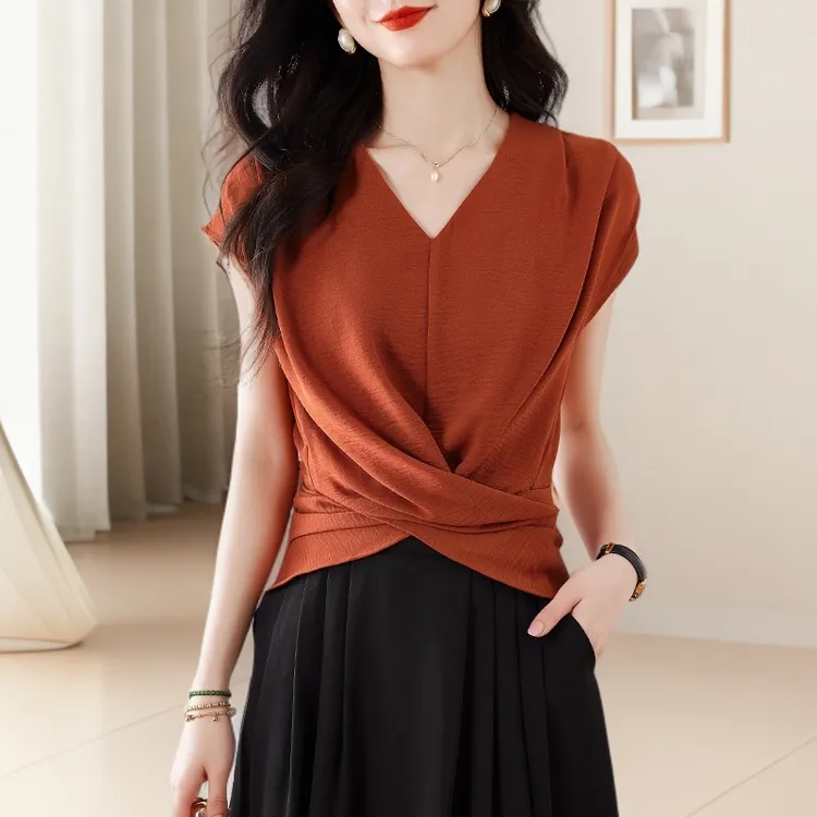 流行洋气别致绝美小衫美拉德色v领无袖收腰衬衫女装夏季时尚上衣