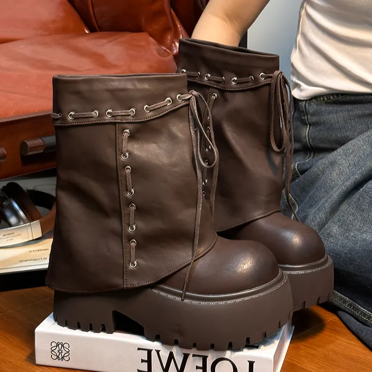 复古百搭厚底马丁靴女英伦小个子增高显瘦西部牛仔短靴堆堆裤管靴