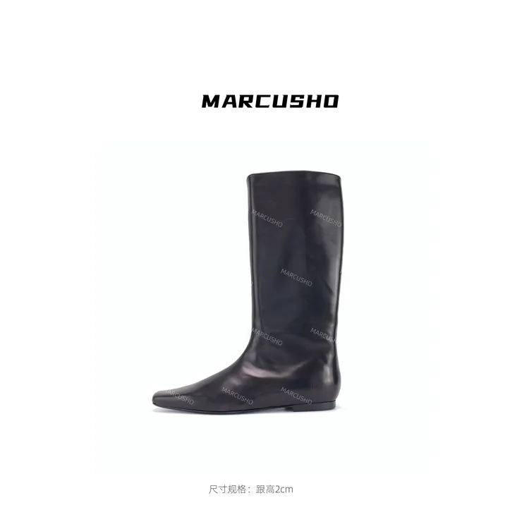 MARCUSHO方头胎牛皮长靴X1092