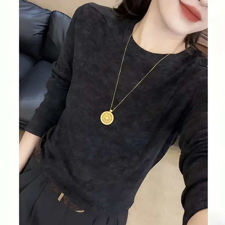 【慵懒鱼骨t】晕染百搭圆领t恤长袖打底衫女修身显瘦秋冬上衣9009