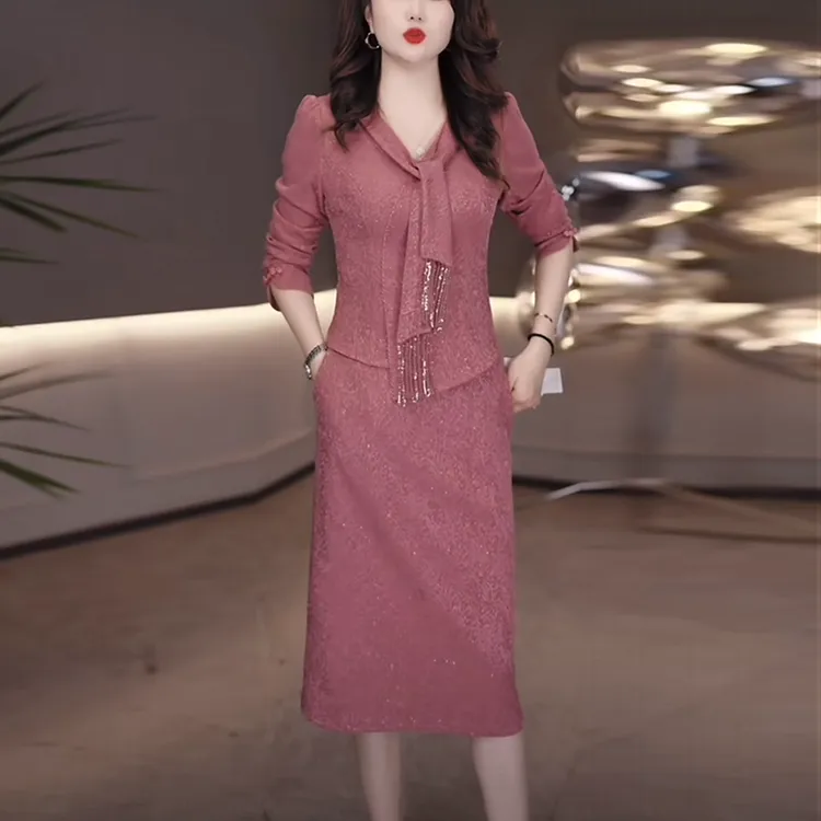 木兰软精纺气质轻奢高级感女装2025秋季新款时尚假两件显瘦连衣裙