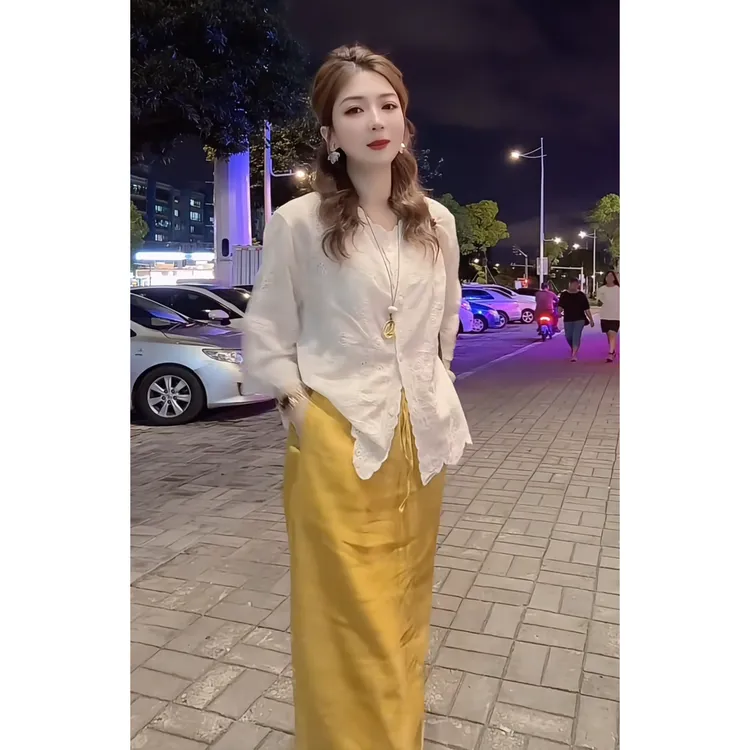 夏季穿搭一整套女2025新款韩版中长袖宽松衬衫高腰半身裙两件套潮